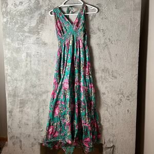 Vintage Y2K Boho Floral Fairy Maxi Dress Green‎ Pink Summer Crinkle Flowy Small